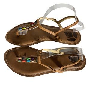 Reef Multi-Color Jewel Beads Between Toe Brown Ankle Strap Sandals Snap Closure.